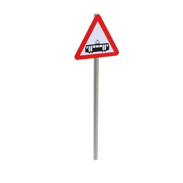 Tramcar Crossing Ahead Road Post Mounted Sign